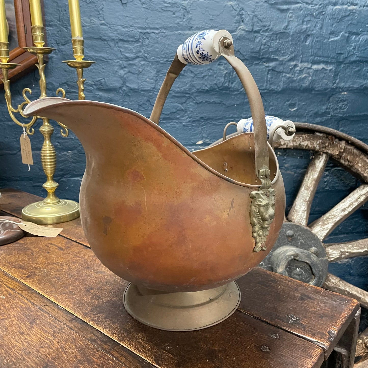 Antique Vintage Copper / Brass Lion Head Porcelain Handle Helmet Coal Scuttle