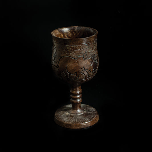Vintage Handcarved Turned Solidwood African Elephant Rhino Goblet