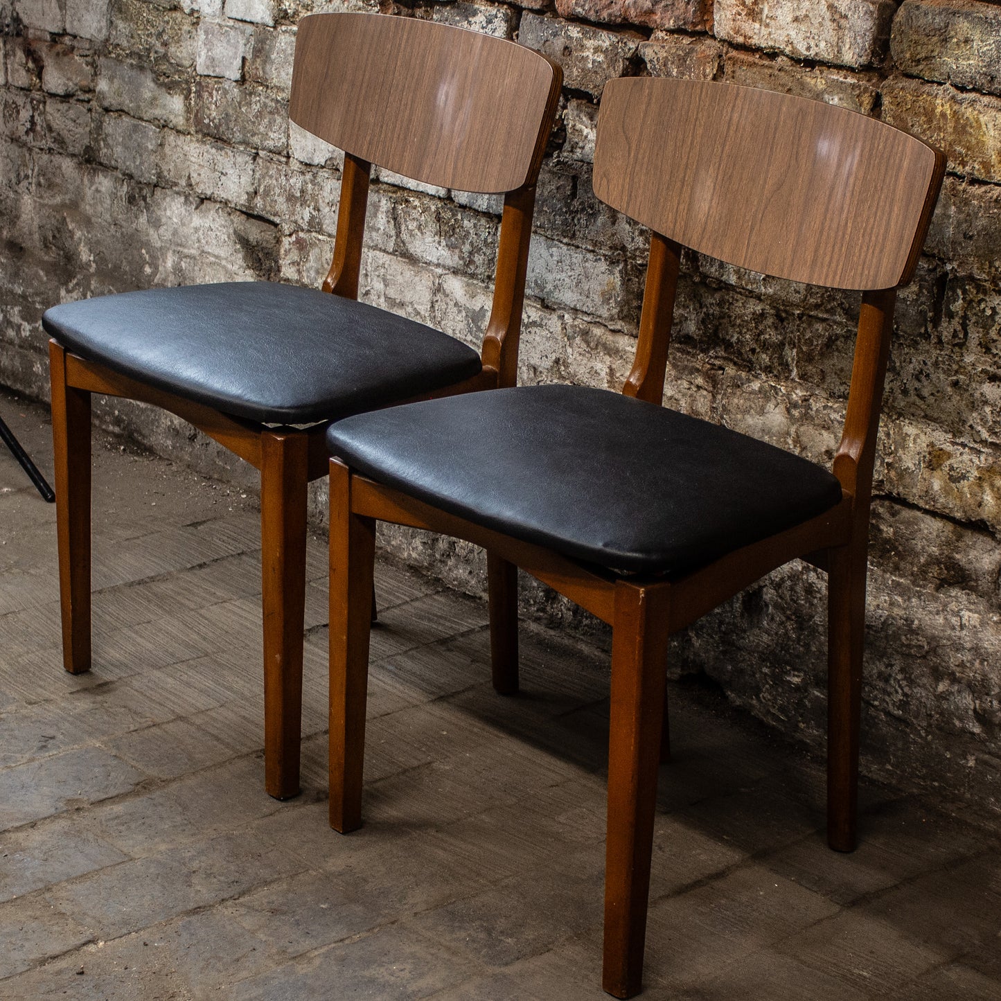 Vintage Pair Of 70s Faux Leather & Teak Wooden Chairs Dining Chairs Mid Century