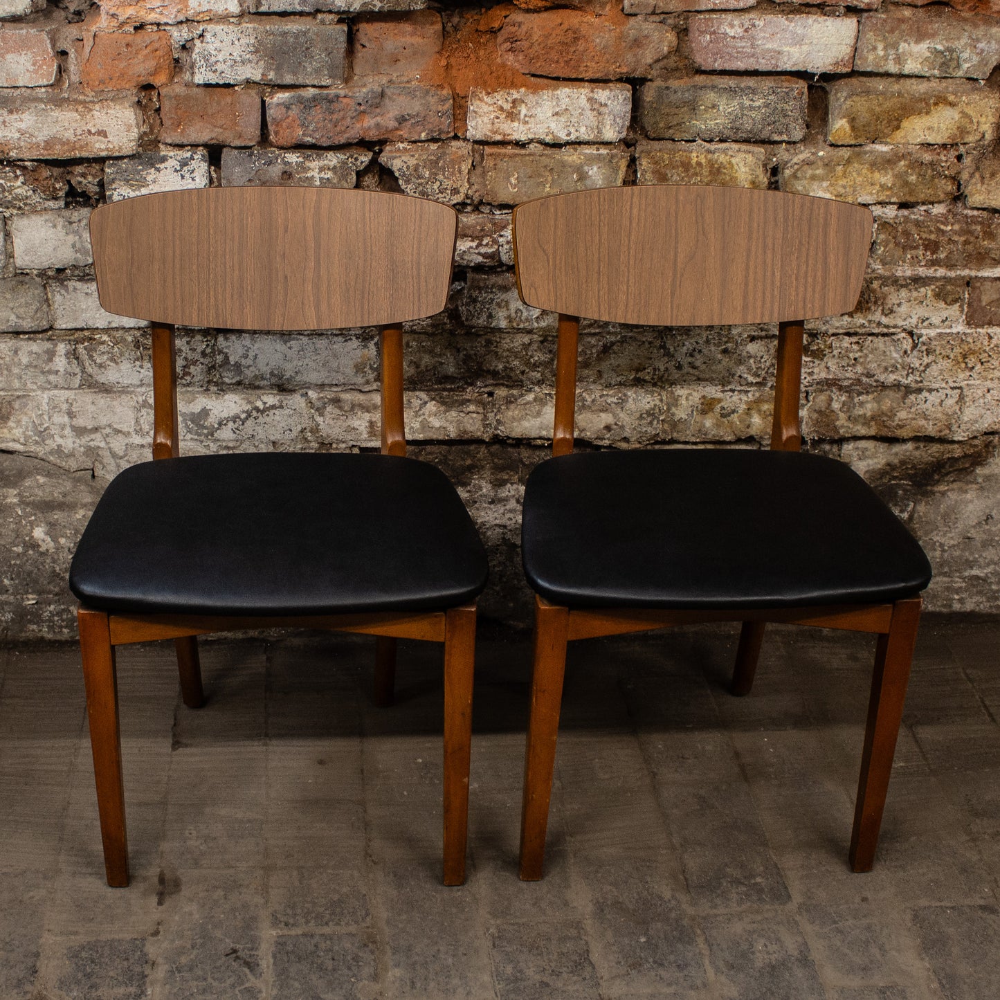 Vintage Pair Of 70s Faux Leather & Teak Wooden Chairs Dining Chairs Mid Century