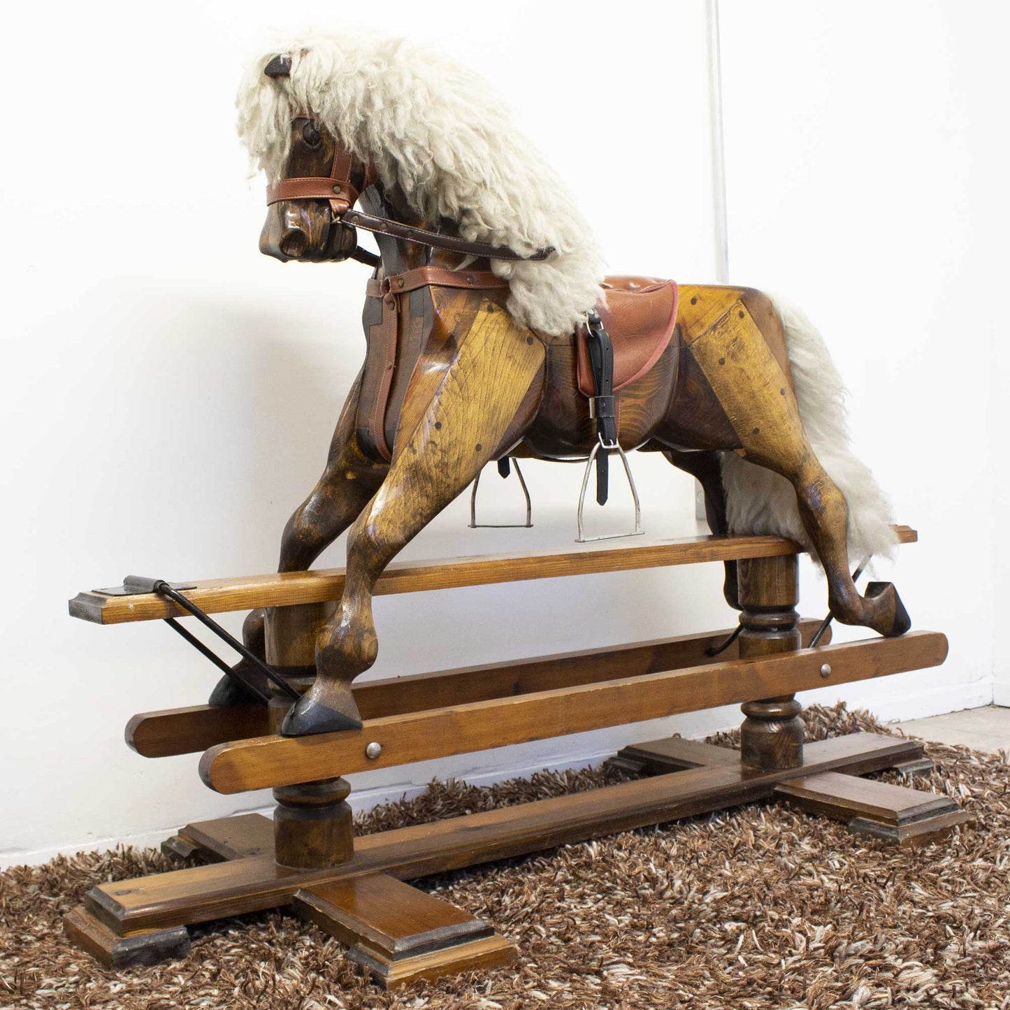 Antique Vintage Solid Wood Sheep Wool Rocking Horse