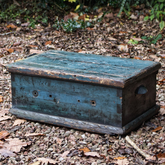 Antique Vintage Blue Painted Rustic Trunk