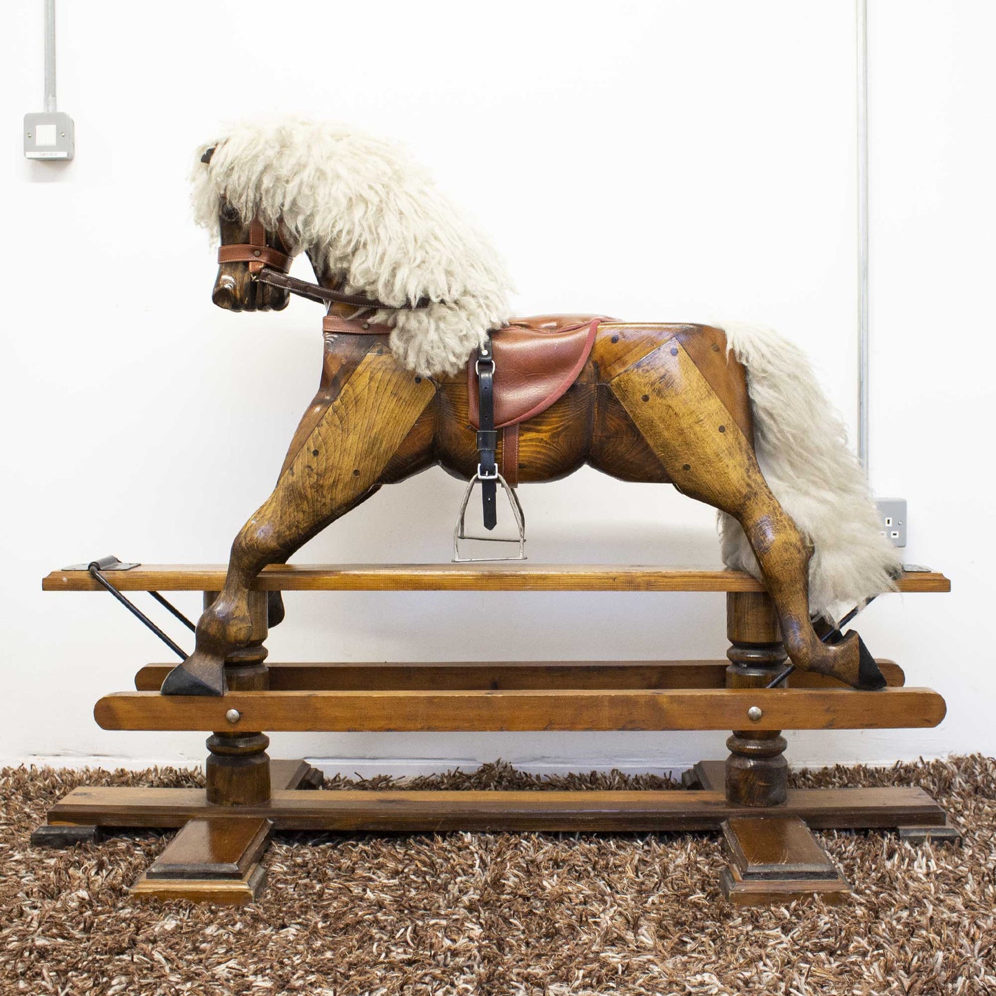Antique Vintage Solid Wood Sheep Wool Rocking Horse